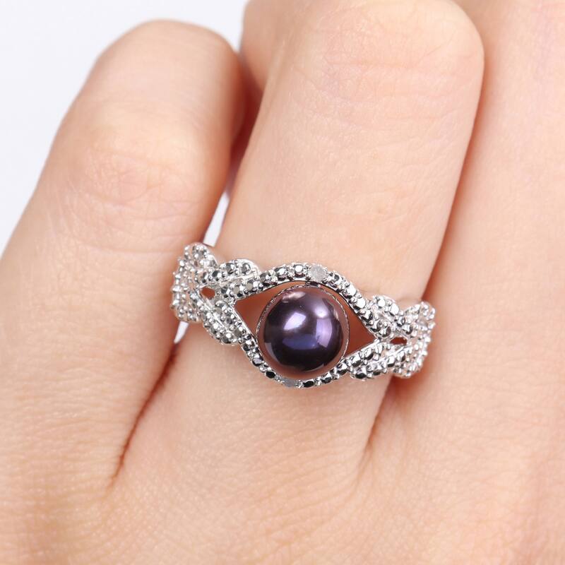 Miadora 7-7.5mm Black Cultured Freshwater Pearl and Diamond Accent Criss-Cross Ring in Sterling Silver