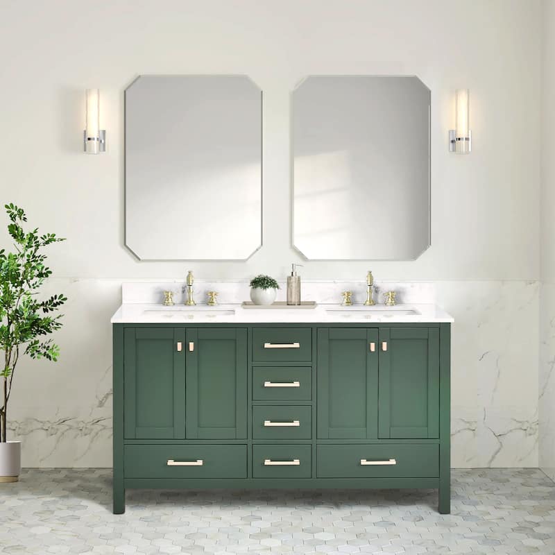 OpalithD 60 in. Bathroom Vanity with Double Sinks, Wood Bath Cabinet with Top - Vintage Green