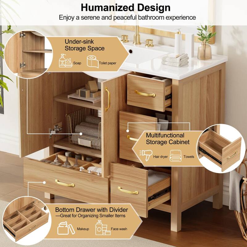 36" Wood Bathroom Vanity with Solid Wood Frame, 2 Soft Close Doors, 4Soft Close Drawers, Adjustable Shelf