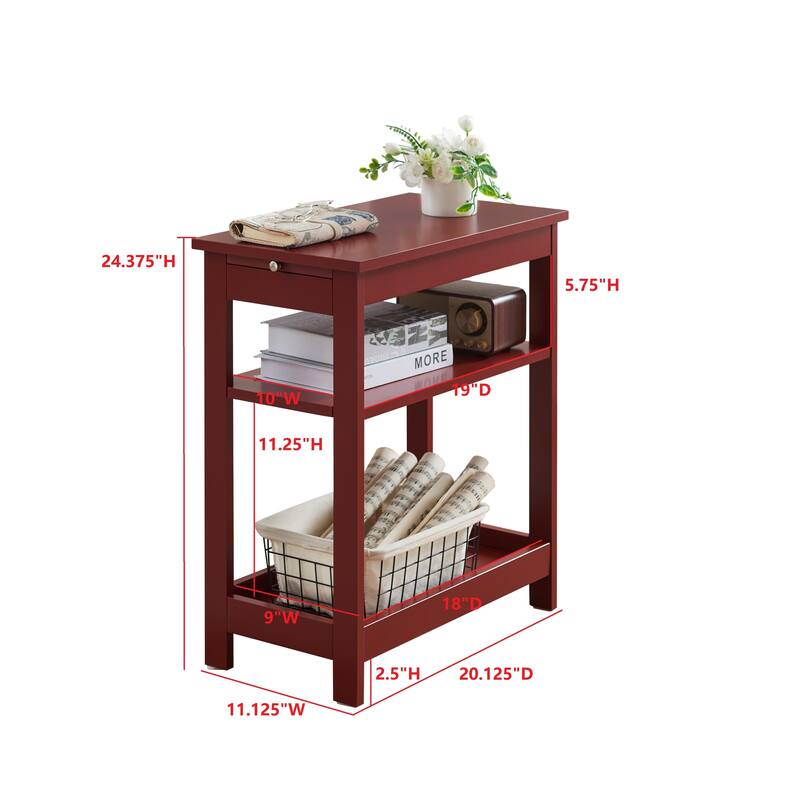 Slim Wood Side End Table with Storage Shelves & Pull-Out Tray, Nightstand for Bedroom, Living Room - 20"L x 11"W x 24"H