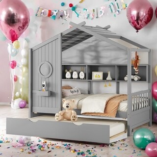 Modern Design Twin Size House Bed With Wooden Trundle-Gray