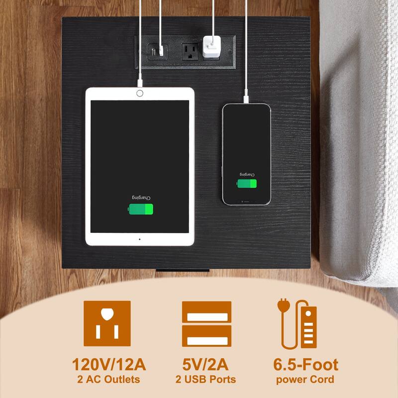 Bedroom Set of 3 Wood Headboard Platform Bed Frame Set of 2 Nightstands with Charging Station USB Port