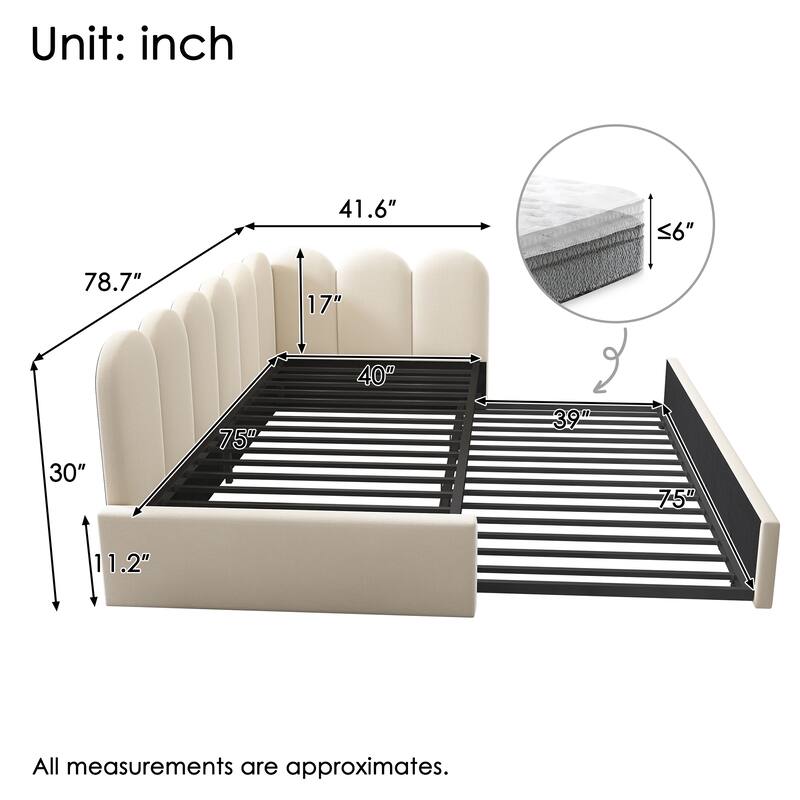 L Shape Daybed Twin Size Upholstered Platform Bed with Trundle, Interchangeable Side Panels and Metal Slatted Frame