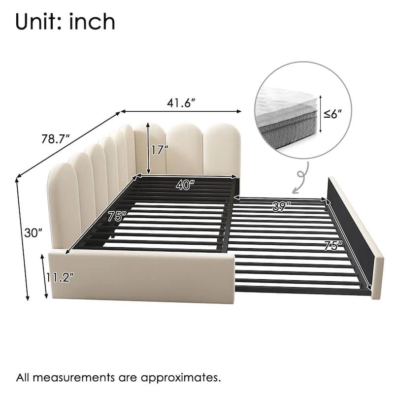 Twin Upholstered Daybed with Pull-Out Trundle, Velvet Sofa Bed for Small Spaces, Guest Bed with Metal Slatted Frame