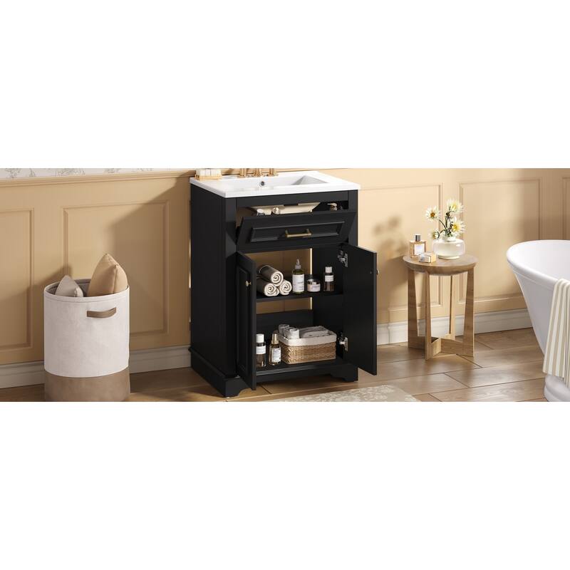 24" Bathroom Vanity with Integrated Ceramic Sink, Bathroom Cabinet with 2 Doors, 1 Tip-Out Drawer