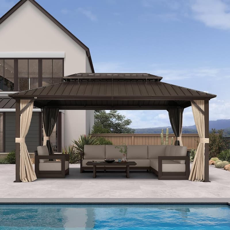 PURPLE LEAF Gazebo Outdoor Gazebo with Dual-Layer Galvanized Steel Double Roof Aluminum Gazebo with Netting and Curtains Bronze - 10' x 16' - with lights