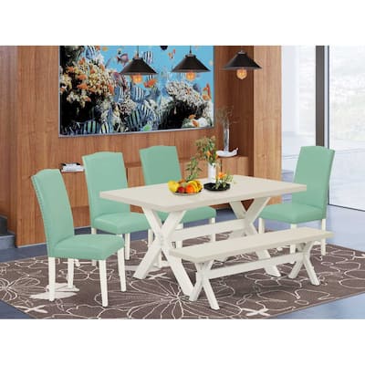 HomeStock 6-Pc Rectangle Natural Oak Finish Solid Wood Top Dining Table with 1-Bench, 4-Chairs