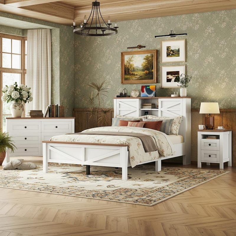 Farmhouse 3-Piece Bedroom Set with Sliding Storage Headboard & Charging Station by Harper&Bright Designs - White - Full