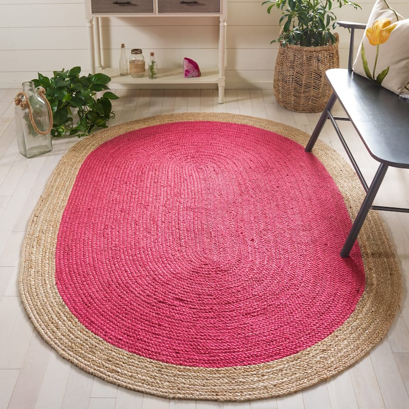 SAFAVIEH Handmade Natural Fiber Jolette Bordered Round Jute Rug - 5' x 8' Oval - Fuchsia/Natural