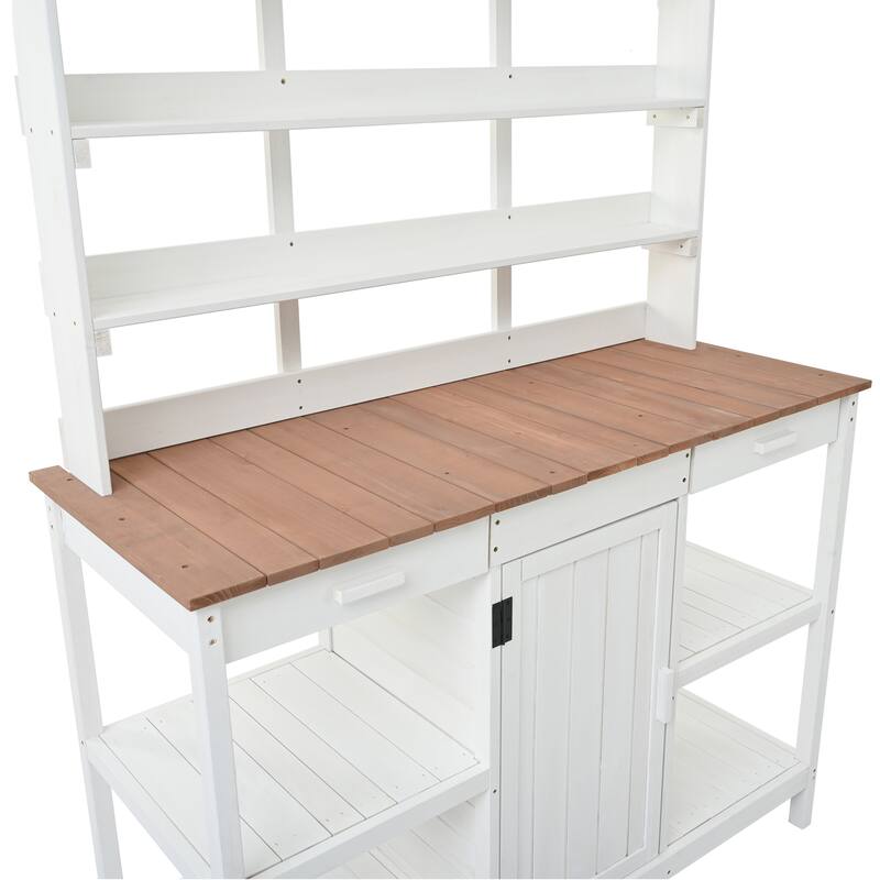 Outdoor Wooden Potting Bench Table, Garden Potting Bench with Cabinet, Patio Workstation with 4 Open Shelves and 2 Drawers