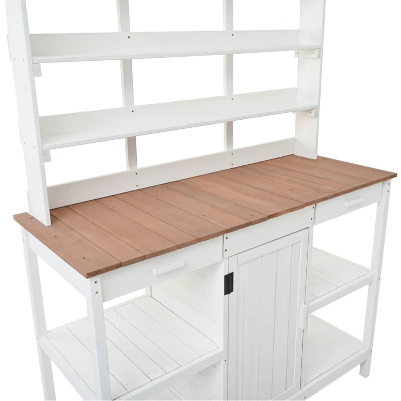 Roomfitters 66" Farmhouse Outdoor Potting Bench Table with 2 Drawers, Cabinet and Open Shelves