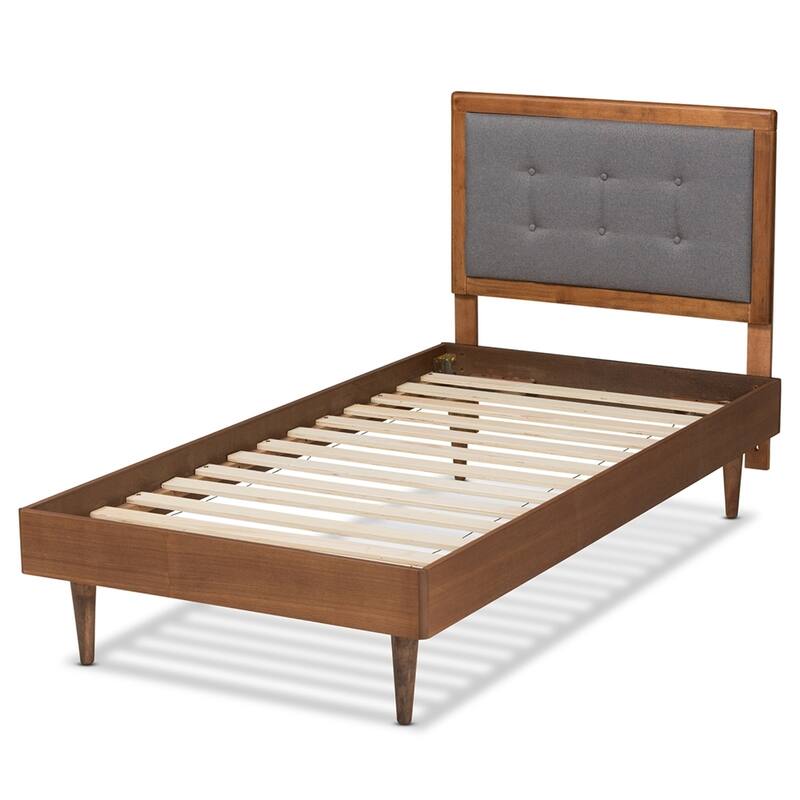 Walnut Brown Twin Size Wooden Platform Bed with Upholstered Headboard and Button-Tufted Details