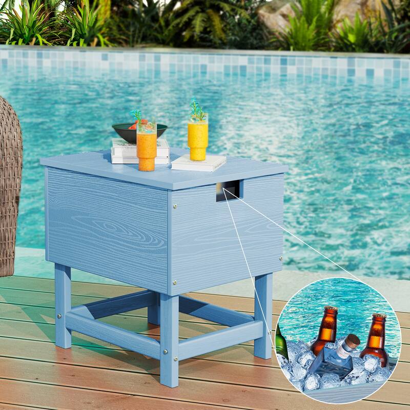 Outdoor Patio Weather Resistant HDPE Coffee & Side Table, Build-in Stainless Steel Cooler Bucket