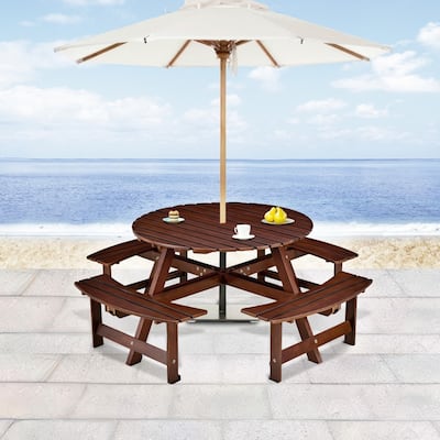 8-Seater Round Outdoor Dining Set With 4 Integrated Benches & Umbrella Hole – Ideal For Garden, Backyard, Porch & Patio .