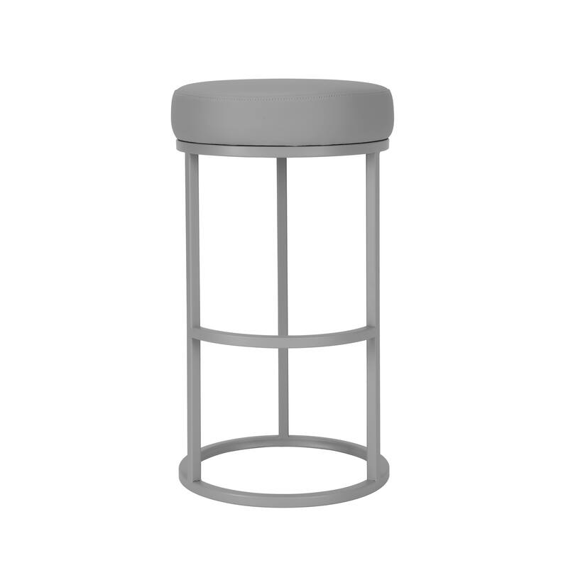 Tane 30 Inch Barstool, Round Gray Faux Leather Padded Seat, Gray Metal Base