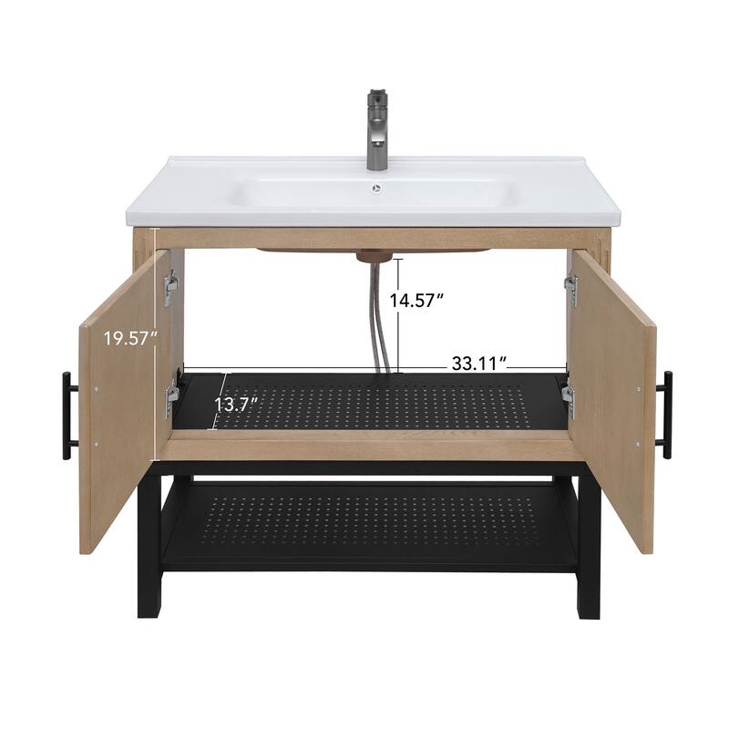 36" Bathroom Vanity with White Ceramic Sink & Hot and Cold Faucet, Freestanding Bathroom Cabinet with 2 Storage Doors