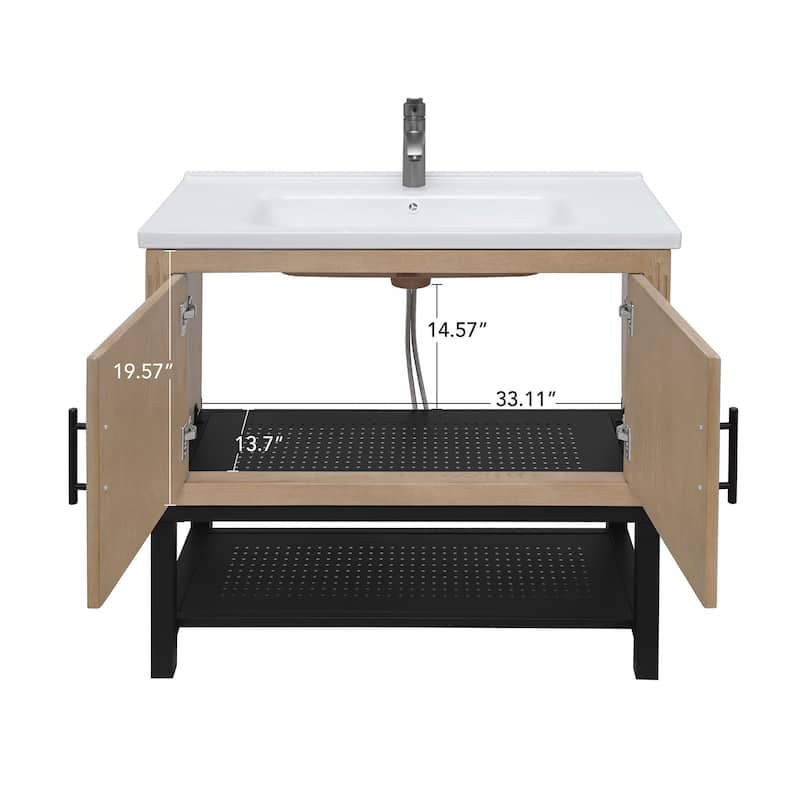Roomfitters 36 Inch Bathroom Vanity with White Ceramic Sink and Faucet, Freestanding Cabinet with 2 Doors, Natural