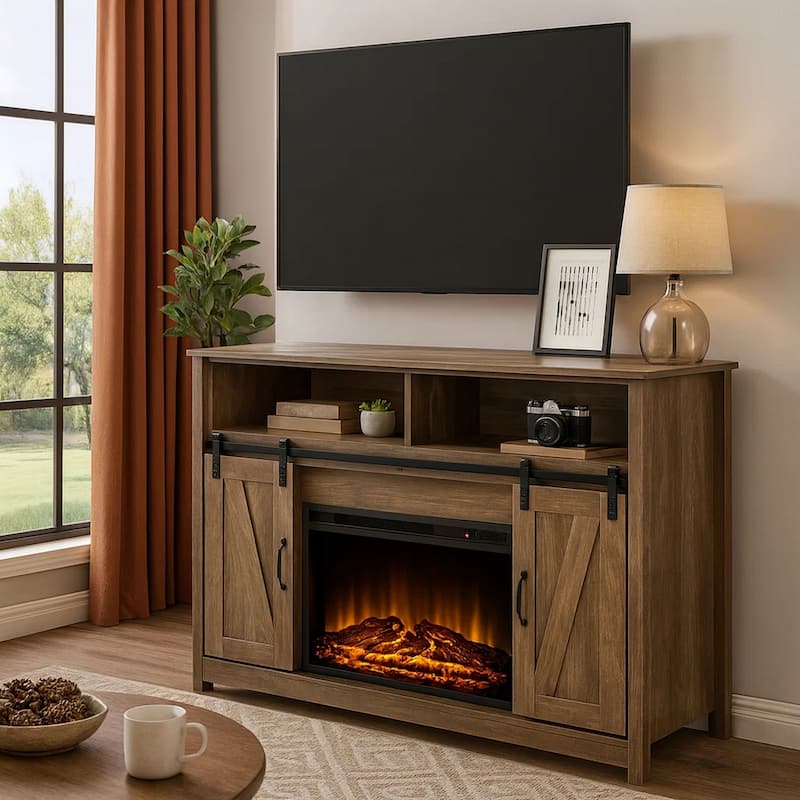 TV Stand and Fireplace with 2 Sliding Barn Doors, Rustic Brown