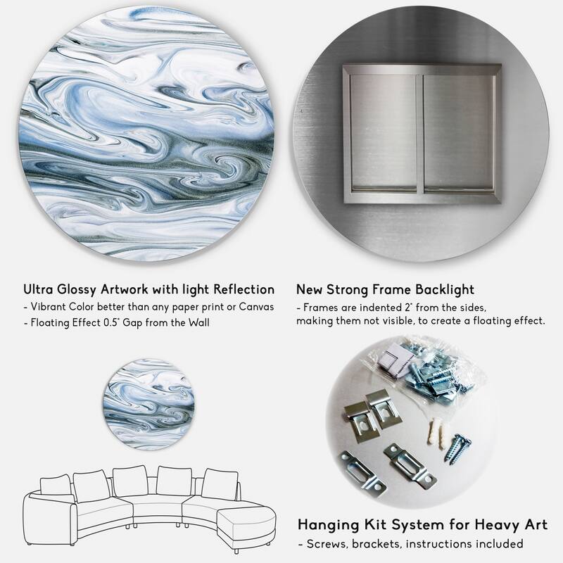 Designart 'Grey White And Blue Liquid MArble Art Universe' Modern Metal Circle Wall Art