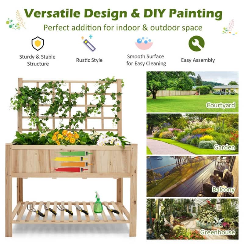 Raised Garden Bed Elevated Wooden Planter Box with Trellis