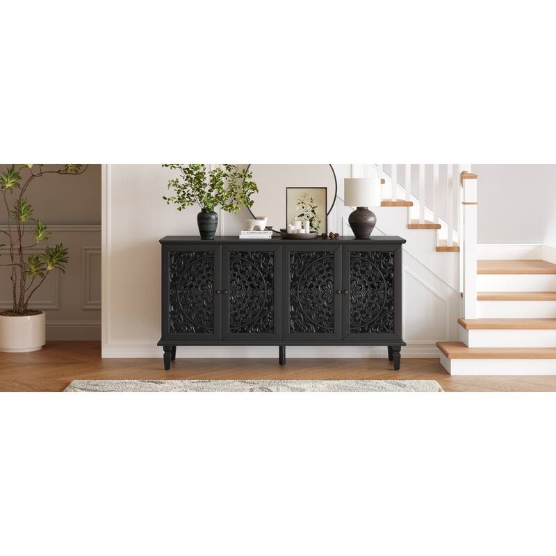 60" Antique Buffet Cabinet with Floral Carvings with Solid Wood Legs&Antique Brass Handles&Adjustable Shelves,TV Stand for 65'