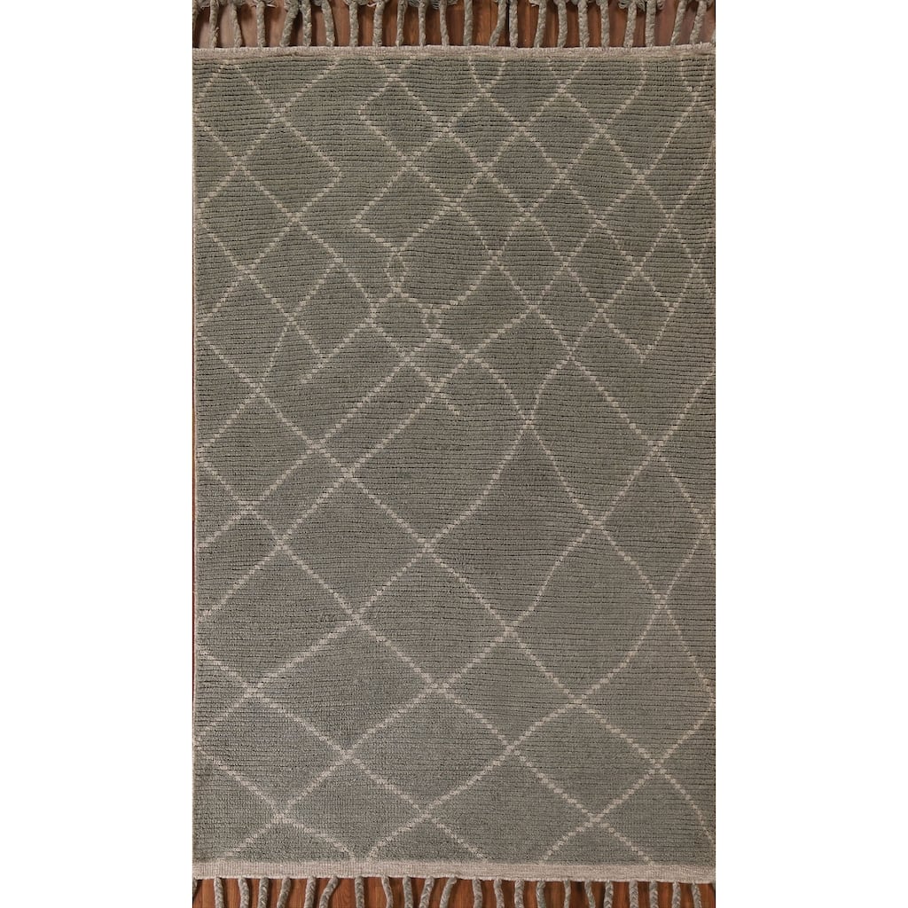 Hand Knotted Oriental 100% Wool Carpet Modern Trellis Greys & Charcoal Moroccan Area Rug - 8' 2'' X 5' 10''