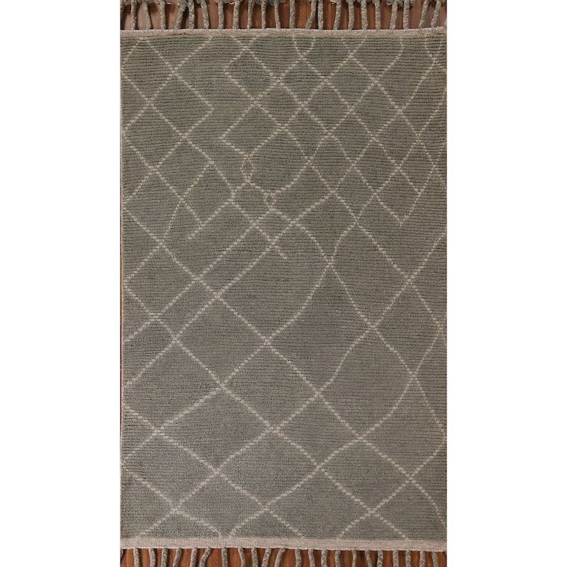 Hand Knotted Oriental 100% Wool Carpet Modern Trellis Greys & Charcoal Moroccan Area Rug - 8' 2'' X 5' 10''