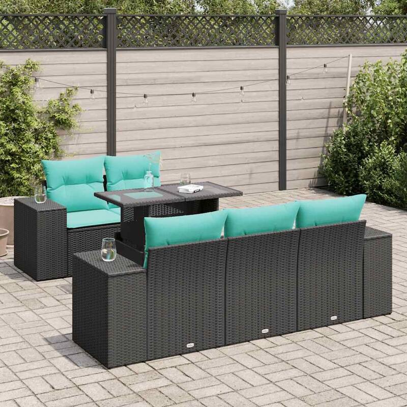 vidaXL 6 Piece Patio Sofa Set with Cushions Black Poly Rattan Acacia - 21.7 x 24.4 x 27.2