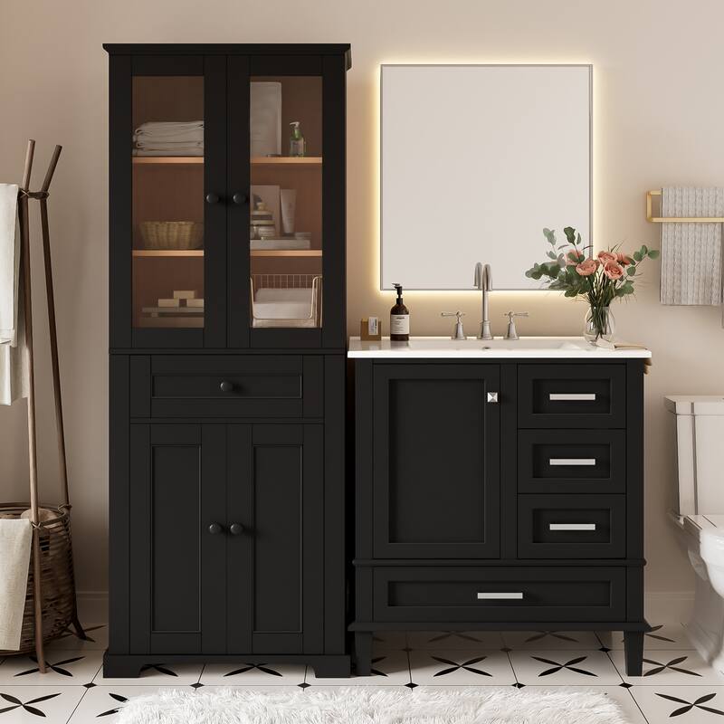 2-Piece Bathroom Storage Set, Tall Bathroom Storage Cabinet and 30" Bathroom Vanity with Ceramic Sink Combo