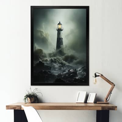 Designart "Lighthouse Battling The Stormy Waves I" Factories Framed Canvas Art Print