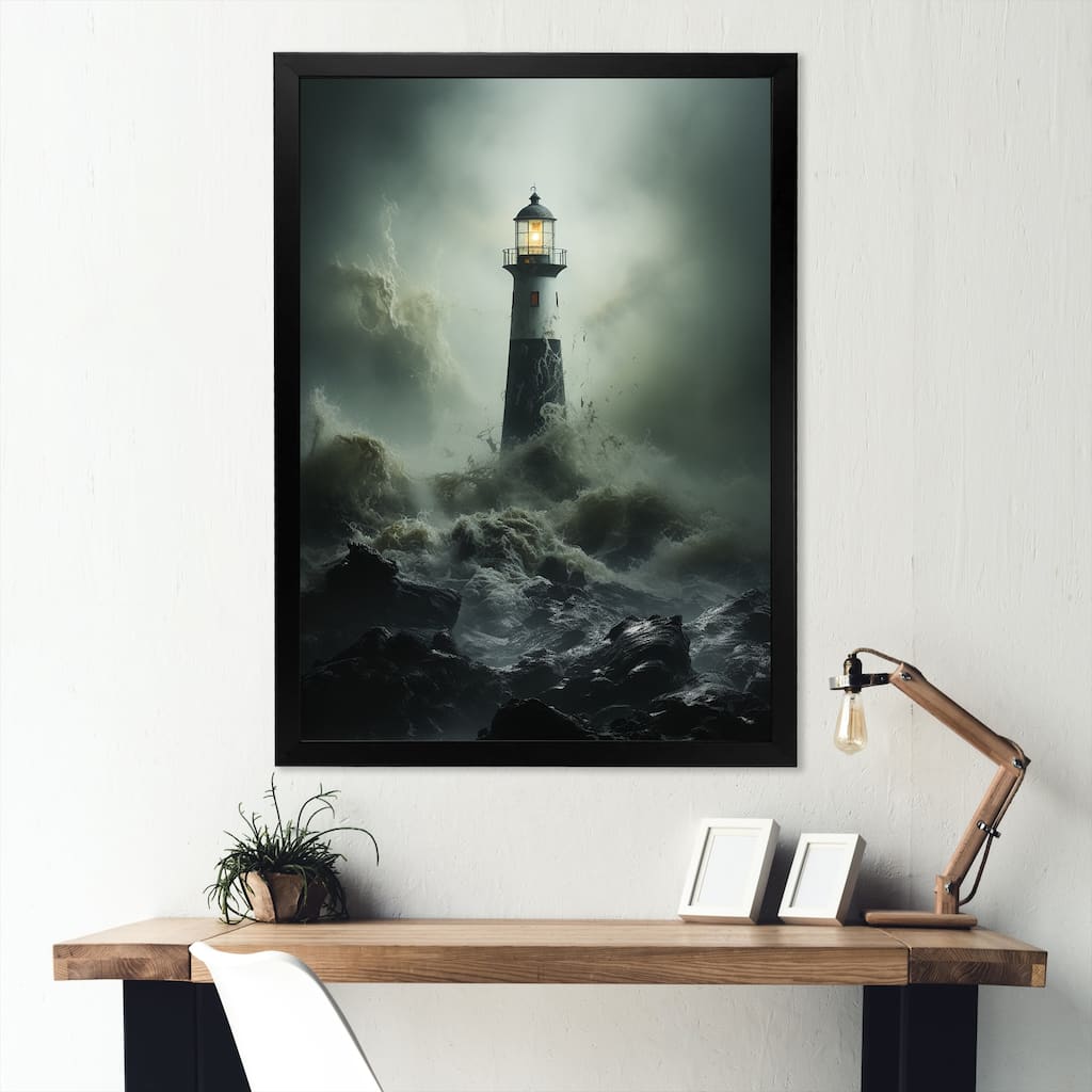 Designart "Lighthouse Battling The Stormy Waves I" Factories Framed Canvas Art Print