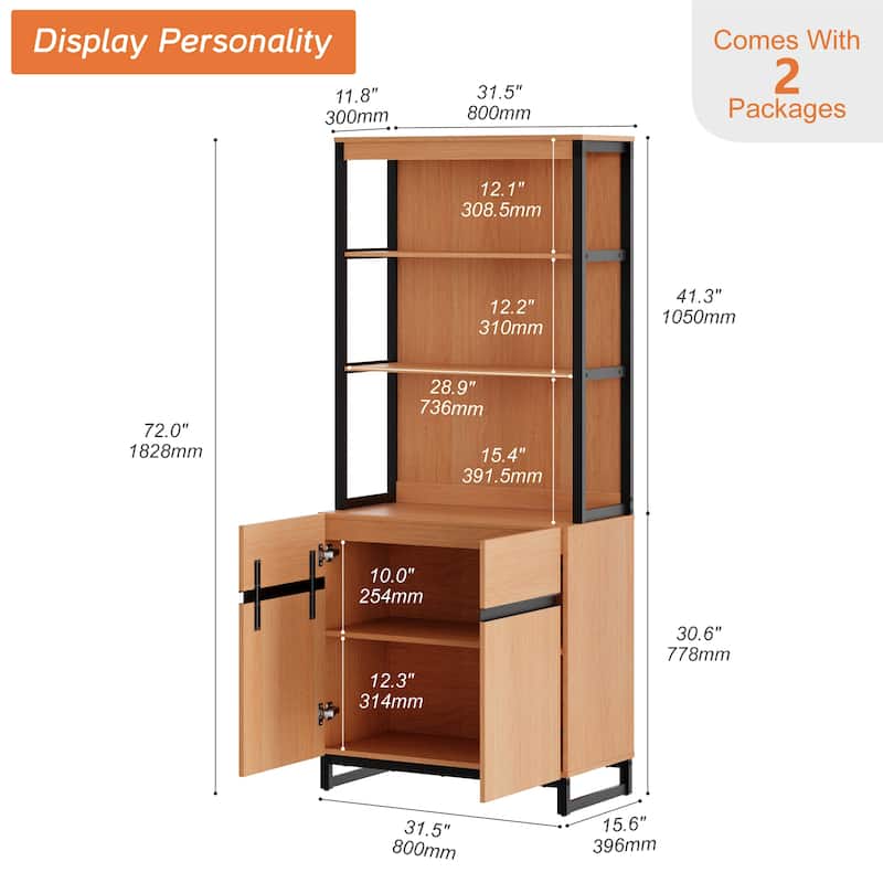 WAMPAT Modern 72" Tall Bookcase with Metal Base and Adjustable Shelves, Library Book Shelf with Storage Cabinet