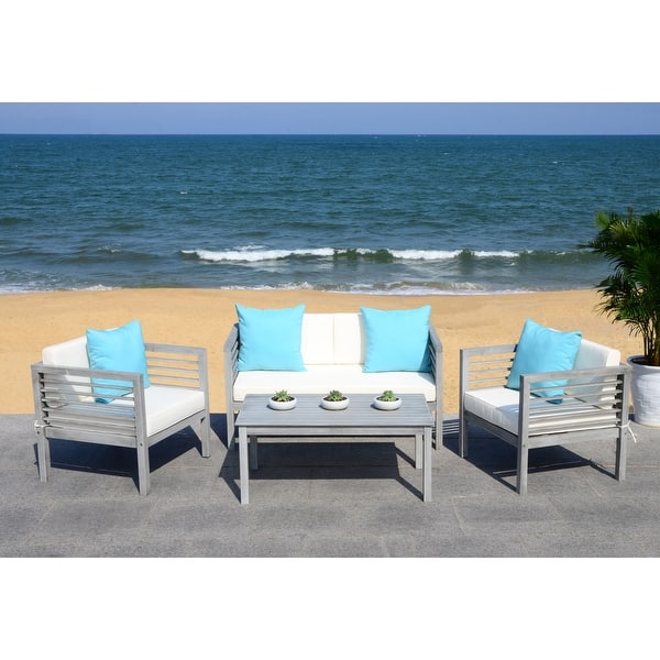 SAFAVIEH Outdoor Living Alda Grey Wash/White/Light Blue 4 Pc Set With Accent Pillows