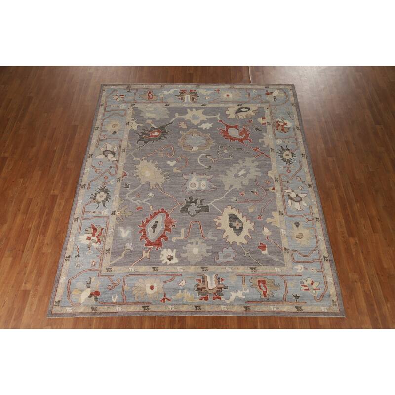 Hand Knotted Oriental 100% Wool Carpet Transitional All-Over Greys & Charcoal Oushak Area Rug - 9' 9'' X 8' 1''