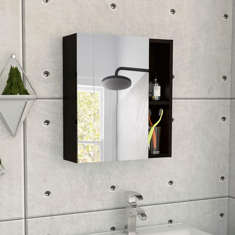 Medicine Cabinet - 17.7" W, 19" H, Mirror Door, 3 Interior Shelves, 2 Open Shelves, Wall-Mounted Storage - 5.4X17.7 in - Black + Particle Board