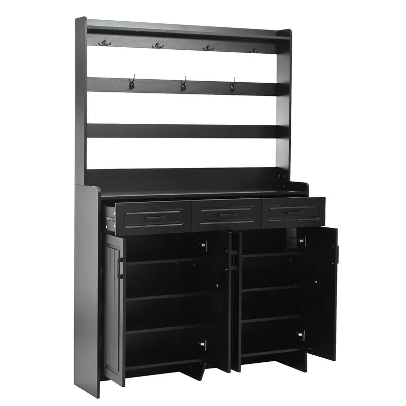 4 Door Shoe Cabinet with Coat Rack, Multi-Functional Shoe Rack with 3 Drawers, 8 Shelves, Entryway Wood Storage Console