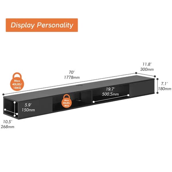 dimension image slide 2 of 3, WAMPAT 70 inch Floating TV Shelf for Wall with LED Light for Living Room - 70 inch