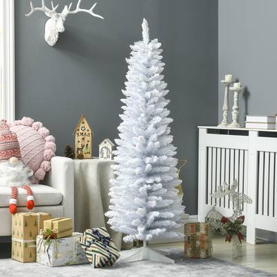 Artsy 5' Snow Flocked Artificial Pencil Christmas Tree, Slim Xmas Tree with Realistic Branches and Plastic Base Stand, White