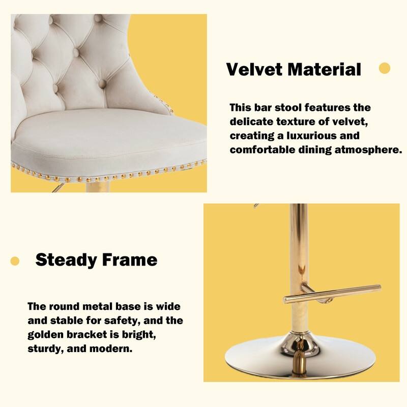 Velvet Upholstered Nailheads Tufted Swivel Bar Stools (Set of 2)