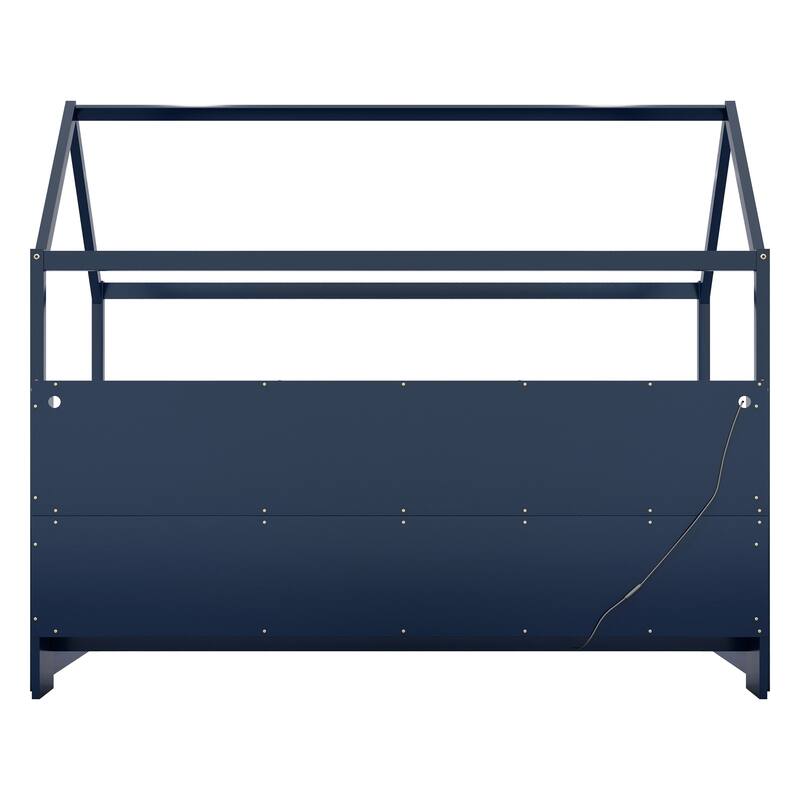 Twin Size House Bed with LED Light, Storage Bookshelf, and Guardrails for Kids, Navy Blue