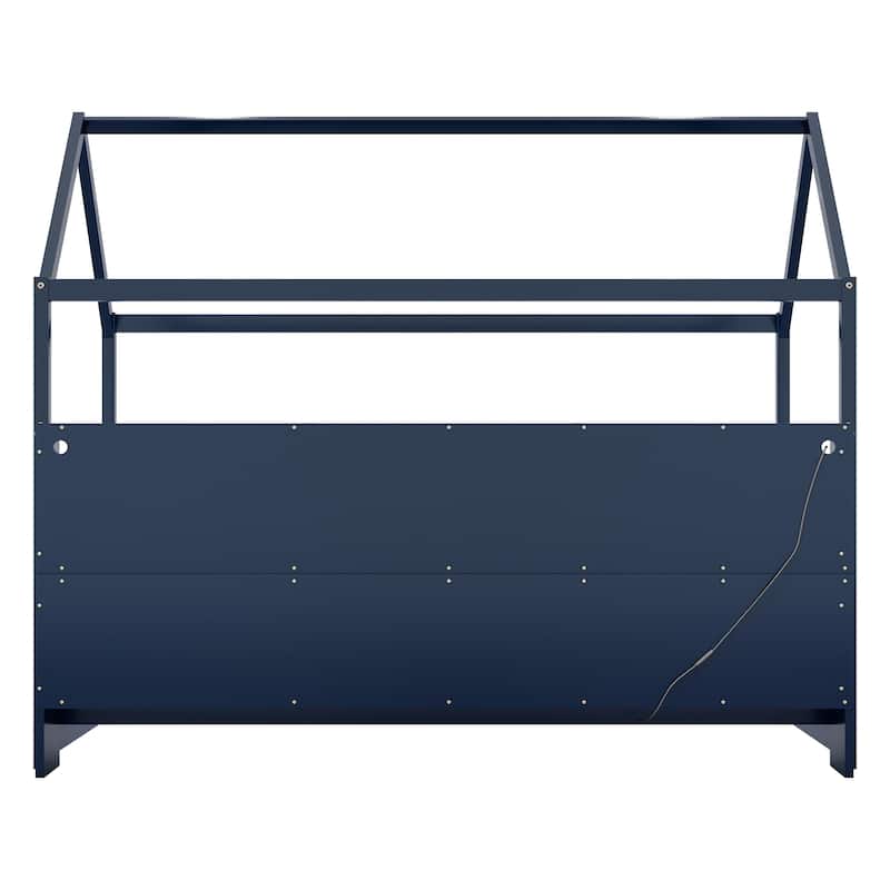 Twin Size House-shaped Bed Frame with Storage Bookshelf Built-in Lighting Strip for Kids Toddler Floor Bed with Wooden Fences