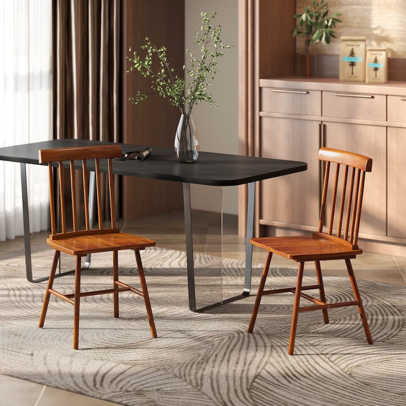 Set of 2 Wooden Dining Chairs with Curved Backrest and Spacious Seat for Kitchen or Dining Room - 17.3" W x 19.1" D x 34.6" H - Brown
