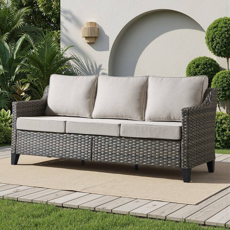 Meyreso Gray Wicker 3-Seat Patio Sofa with 4-Inch Thick Cushions - Beige