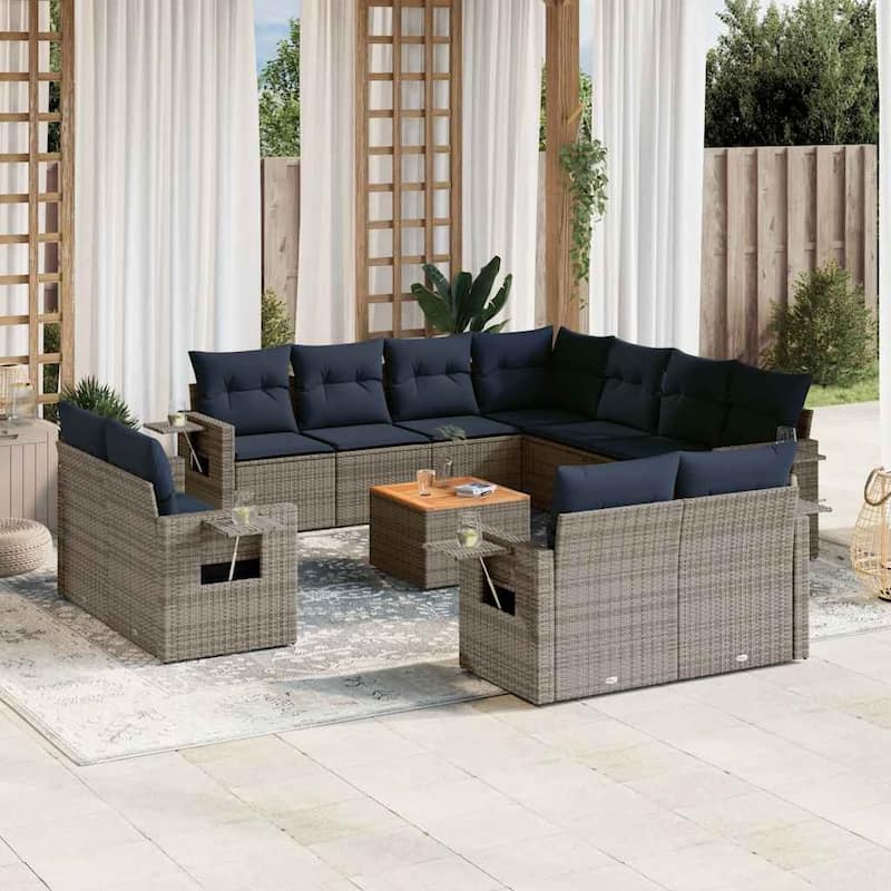 vidaXL 12 Piece Patio Sofa Set with Cushions Black Poly Rattan - 24.4" x 24.4" x 27.2" - Grey and blue