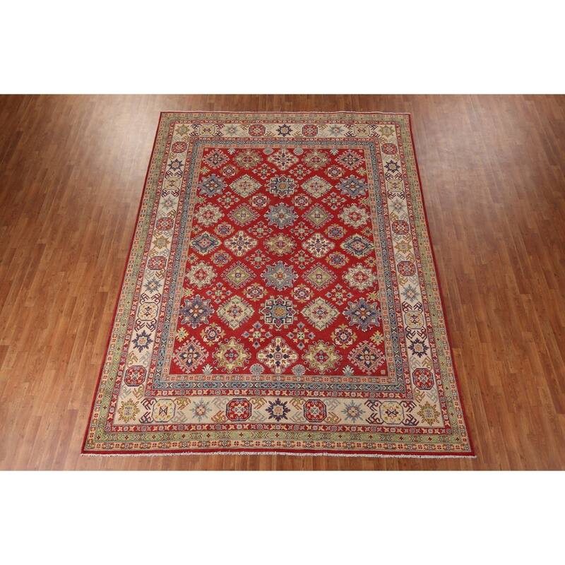 Geometric Red Kazak Area Rug Hand-Knotted Wool Carpet - 8'11" x 11'10"