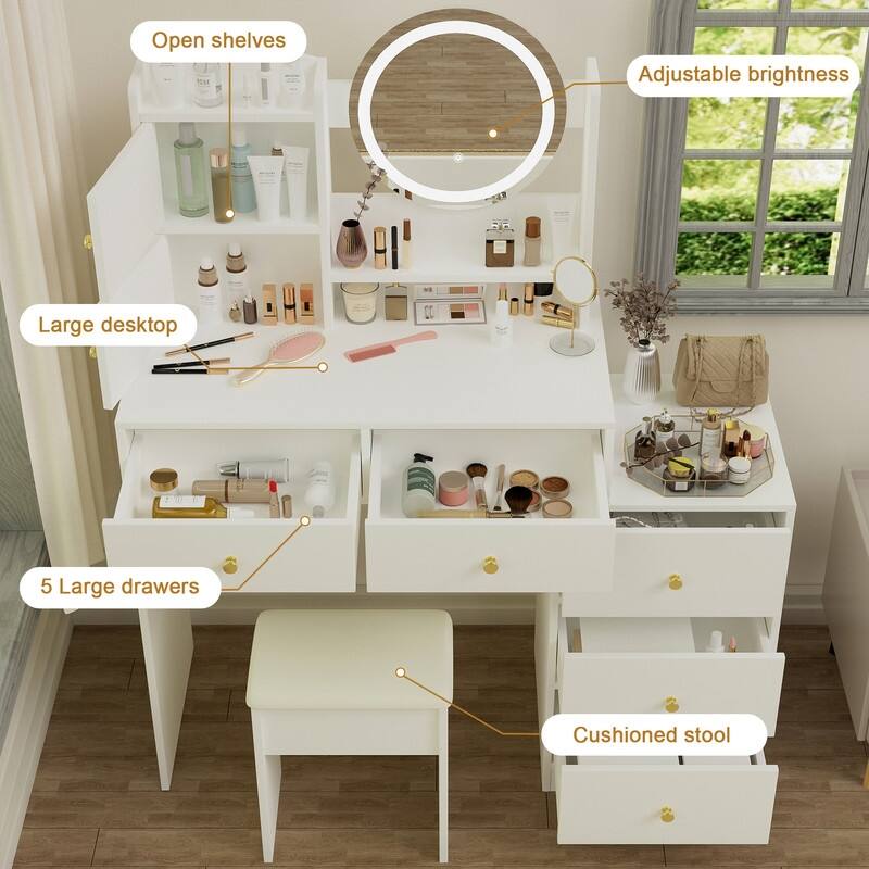 White LED Makeup Vanity Set with Mirror, Table & Cushioned Chair - 3 Adjustable Lighting Modes