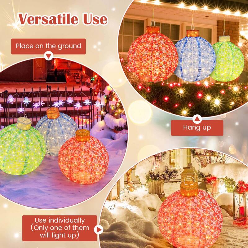 Gymax 3 PCS Pre-Lit Pop up Christmas Ball Set w/ Warm White LED Lights - Multi