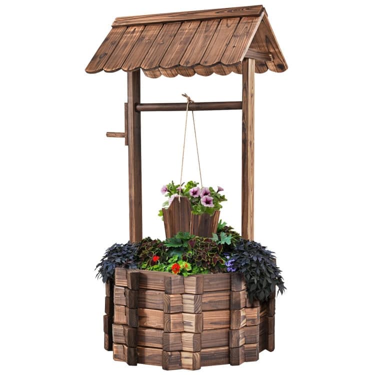 Decorative Outdoor Wishing Well Planter with Wooden Bucket - 22.0" x 22.0" x 44.9"