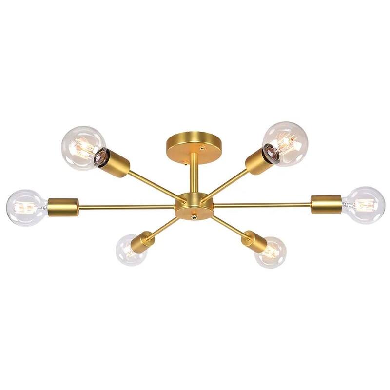 6-Light Modern Industrial Dimmable Sputnik Linear Cluster Semi-Flush Mount Light