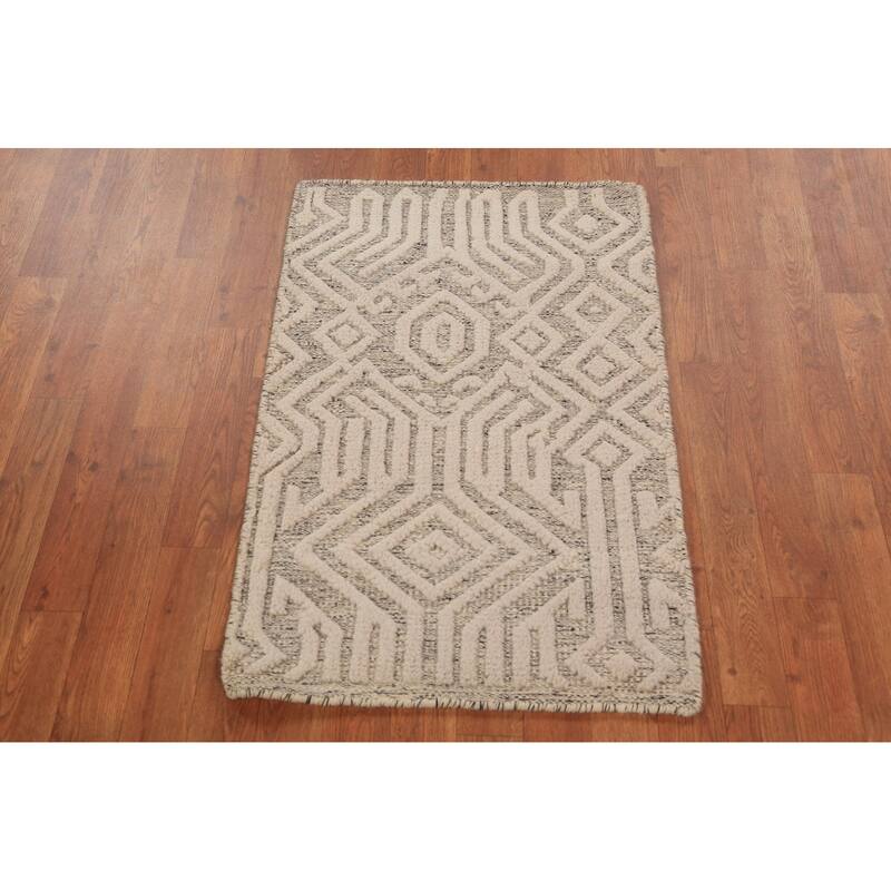 Geometric Moroccan Oriental Foyer Rug Hand-Knotted Beige Wool Carpet - 2'0"x 3'0"